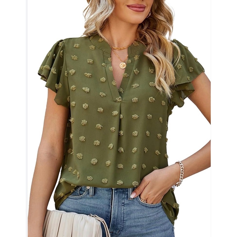 Olive green Business‎ Casual Blouses V Neck Ruffle Sleeve Shirt Size